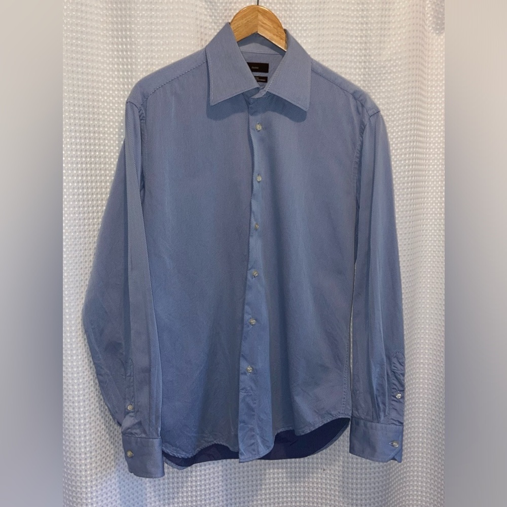 2/40$ Men’s ZARA blue‎ striped 100% cotton buttoned shirt size 16